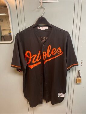 Majestic Black Orioles Script Button-Up Jersey with Orange Logo Jones # 10 EUC